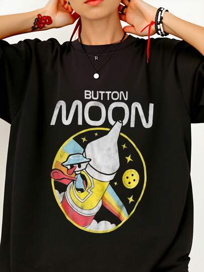 Casual Streetwear Style Women's T-Shirt Button Moon Cartoon Duck Space Adventure Print Summer And Autumn Wear Gift For Friends And Family  100% Cotton 1PC 180g