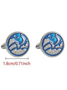 1 par de gemelos con estrella y luna redondas esmaltadas en azul, con textura grabada única para hombres - Azul - Ver 4