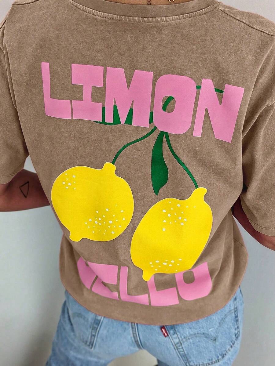LIMON CELLO 柠檬水果春季穿搭图案女式休闲圆领短袖T恤夏季 - 棕色 - 查看 1