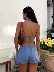 2pcs Women's Light Blue Casual Set, 2026 Summer Sleeveless Top And Shorts, Suitable For Office, Casual And Holiday Wear - Blue - View 4