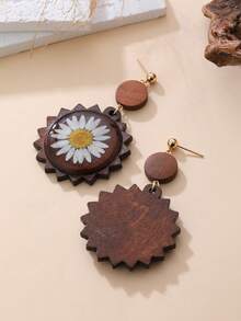 一对天然木质底座干花向日葵耳环，自然主义设计，夸张风格，适合旅行、度假、派对、下午茶、音乐节和日常佩戴。 - 咖啡 - 查看 3