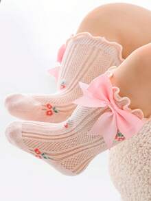 1双婴儿粉色柔软透气蝴蝶结公主风可爱婴儿袜，适合女童，春夏、生日派对、休闲、日常穿着 - 粉色 - 查看 7