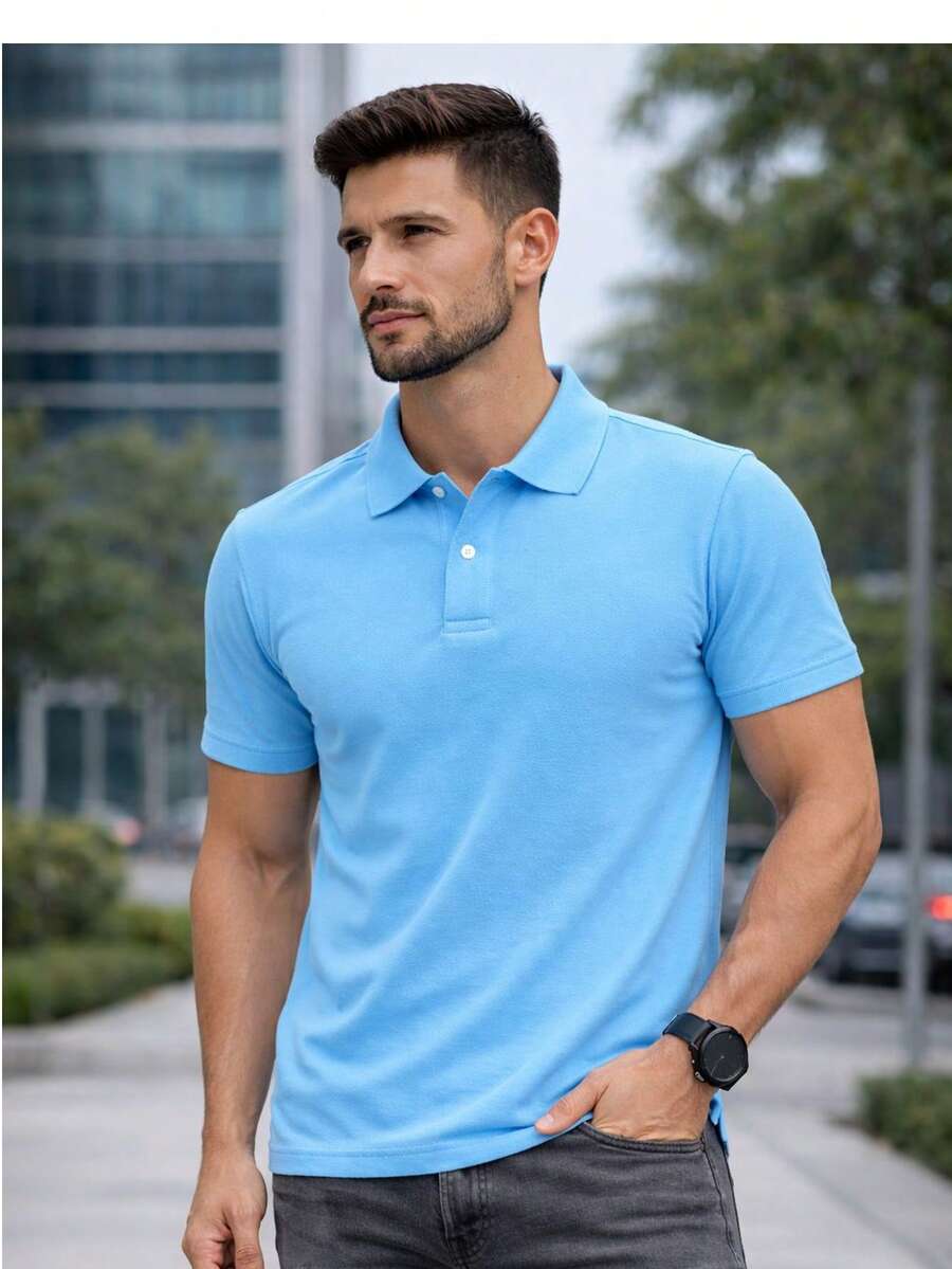 Basic Summer Polo Shirt With Classic Collar And Comfortable And Breathable Short Sleeves - Azul menta - Ver 1
