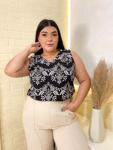 Plain Tank Top, Sleeveless Blouse, Plain Crepe Fabric, With 4 Buttons, Plus Size G1G2G3 46-52, Casual Women's - 66-黑色 - 查看 1
