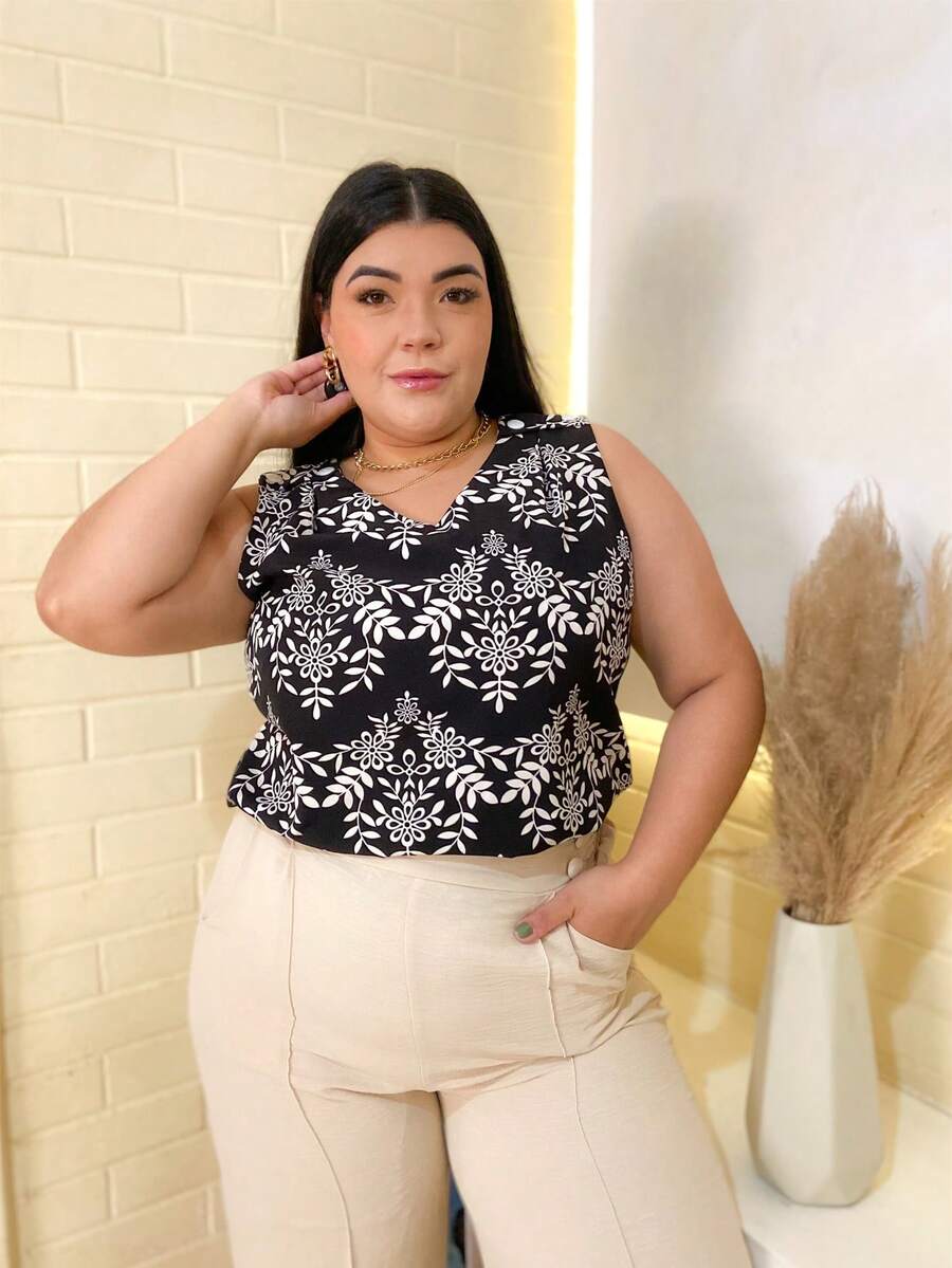 Plain Tank Top, Sleeveless Blouse, Plain Crepe Fabric, With 4 Buttons, Plus Size G1G2G3 46-52, Casual Women's - 66-黑色 - 查看 1