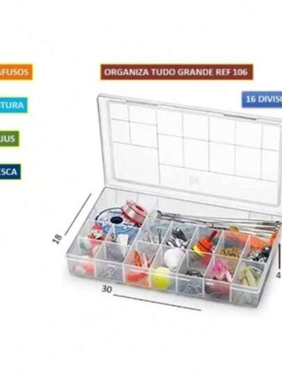 Caixa Organiza Tudo Peça Costura Pesca Bijuterias 16 Divisórias