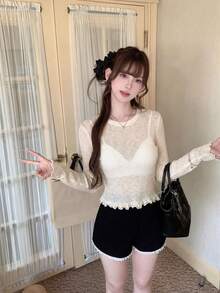 春夏韩版女式杏色针织长袖上衣 - 优雅、纯洁、甜美蕾丝边薄纱外套（杏色仅限内搭），适合日常穿着、约会、休闲聚会、海滩度假 - 杏色 - 查看 6