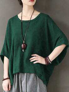 Solid Color Loose Linen Asymmetric Hem T-Shirt, Loose 3/4 Sleeve Round Neck Top, Relaxed Fit Slimming Design, Loose Batwing Sleeve Unique Top, Suitable For Commuting And Casual Wear Summer - Dark Green - View 4