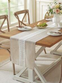 ABEST6522 Home&Living store Polyester Linen Blend Textured Table Runner, White Hollow Crochet Lace Patchwork, Vintage Woven Floral Lace Tablecloth, Farmhouse Style Dining Room Kitchen Wedding Party Decor Table Runner - Beige - View 4
