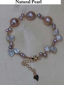 时尚个性手链，天然巴洛克珍珠手链，白色和浅粉色不规则淡水养殖珍珠串，女士日常佩戴，派对/婚礼/节日礼盒装 - A款 - 查看 9