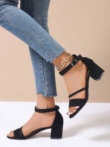 女士黑色高跟凉鞋，时尚圆头编织带粗跟高跟鞋，优雅淑女风，夏季新款百搭软底搭扣黑色露趾高跟凉鞋，适合搭配连衣裙和旗袍。 - 黑色 - 查看 5