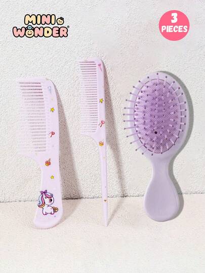 Set de 3 cepillos de pelo con diseño de unicornio, mango ergonómico de ABS, cerdas de plástico duradero, adecuado para teñir, rizar y peinar, herramienta de peinado para todo tipo de cabello, gran regalo para niñas