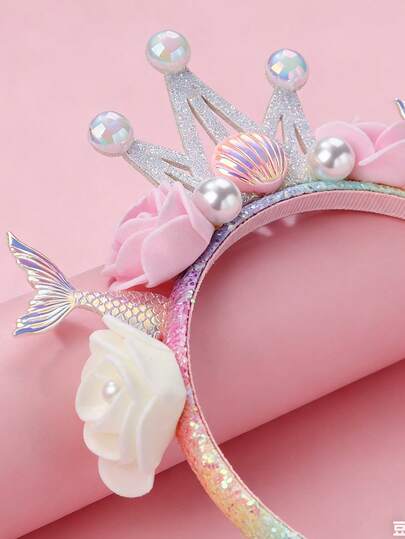 1/2pcs Party Decorative Hair Accessories, Birthday Headband, Mermaid Headband, Crown, Pearls, Shells, Floral Decor, Letter Shoulder Strap, Birthday Girl Headband & Shoulder Strap, Birthday Theme, Suitable For Performance Costumes, Birthday Decorations