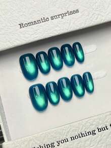 10 Peças Adesivos de Unhas Acrílicas Ovais Feitos à Mão, Unhas Azuis Minimalistas com Efeito Olho de Gato Cintilante, Unhas Luxuosas Elegantes Artesanais, Adequadas para Outono, Estética Fofa, Unhas Falsas Multiuso DIY para Festa, Uso Diário, Encontro, Praia, Férias Tropicais, Presente para Mulheres e Meninas, Reutilizáveis - Azul - Visão 3