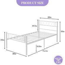 Marco de cama de tamaño doble, Marco de cama de plataforma de metal blanco con cabecera y pie, Marco de cama de 12,2 pulgadas con soporte de láminas de metal fuertes, Bajo almacenamiento de cama, No se necesita muelle de caja - Blanco - Ver 2