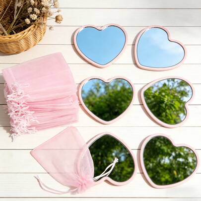 12-Piece Heart-Shaped Mini Mirror Set Ideal For Travel, Wedding Favors, Bridesmaid Gifts - Portable Compact Design - Satin Ribbon Trim - Plastic Frame With Tempered Glass - Pink Floral Pattern Perfect For Home, Parties, Bachelorette Gatherings