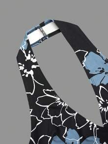 Áo croptop nữ kiểu Y2K họa tiết hoa, cổ yếm, màu đen và xanh dương, vạt chéo phía trước, dây buộc bên hông, dáng ôm. - Nhiều màu - Xem 5