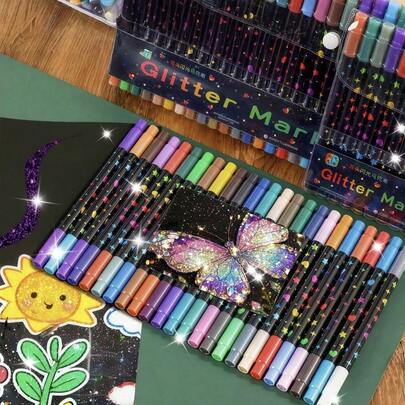 Bộ 96 bút dạ kim tuyến hai đầu, bút dạ acrylic đầu mềm, bút màu nước kim tuyến hai màu, bút highlight, dụng cụ vẽ và viết.