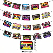 一套复古70、80年代嘻哈磁带派对DIY彩旗，盒装复古播放器收音机横幅，适合70年代至90年代音乐派对装饰、复古主题音乐生日派对装饰 - 彩色 - 查看 7