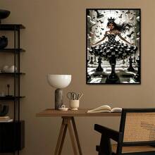 1幅2D DIY钻石画，黑白格子皇冠女孩与漂浮的国际象棋棋子，完美的节日礼物 - 查看 7