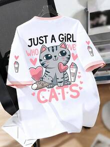Girls Cute Cat Heart Letter Print T-Shirt, Casual Soft Top For Summer - Pink - View 1
