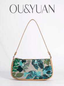 1pc Flower Embroidered Sequined Messenger Bag, Fashionable Ladies Beach Holiday Shoulder Bag, Holiday Party Dinner Bag. - Green - View 1