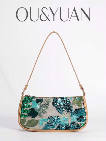 1件花朵刺绣亮片斜挎包，时尚女士沙滩度假单肩包，节日派对晚宴包。