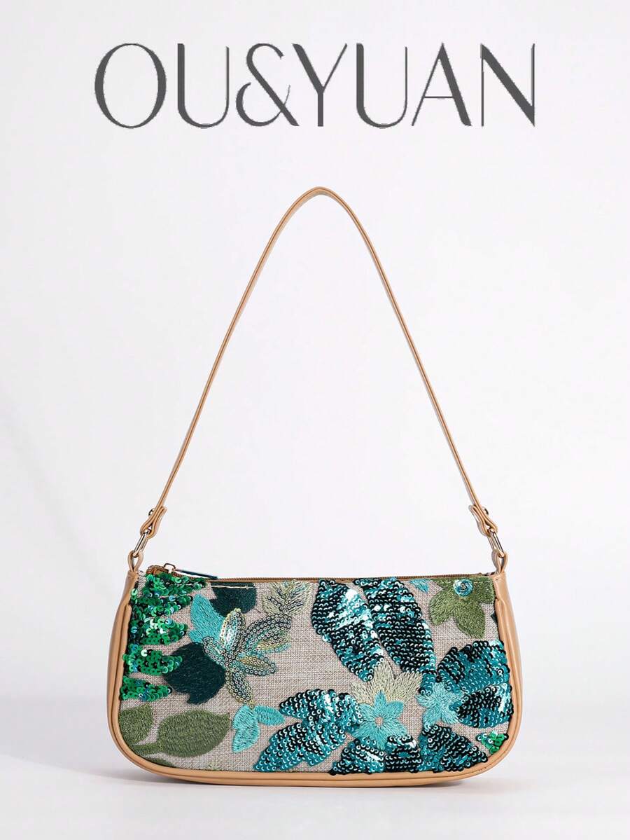 1pc Flower Embroidered Sequined Messenger Bag, Fashionable Ladies Beach Holiday Shoulder Bag, Holiday Party Dinner Bag. - Green - View 1