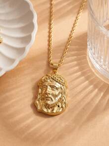 1pc Jesus Head Pendant Necklace, Braided Chain Design, Hip Hop Style - Gold - View 6