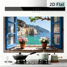 1pc 2D Self-Adhesive Kitchen Wall Sticker | Open Window Seaside Town Seascape With Blue Frame And Flowers, Removable Kitchen And Living Room Splash-Proof Wallpaper, Glossy Vinyl - Style 1 - View 6