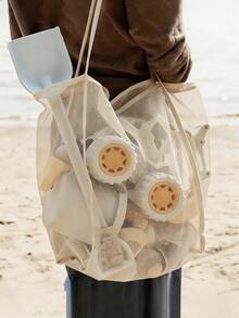 1个沙滩玩具袋，大号沙滩手提袋，可折叠大号儿童玩具收纳袋，用于在沙滩上收集玩具、贝壳、衣物和毛巾（采用轻质网状材料制成，请勿装载重物，不适用于户外背包或购物袋用途） - 卡其色 - 查看 2