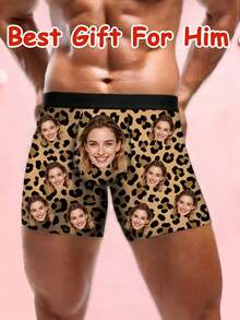 1pc Men's Customized Portrait Leopard Print Beige Comfortable Fit Playful Personalized Boxer Briefs, Romantic Valentine's Day Gift - Multicolor - View 3