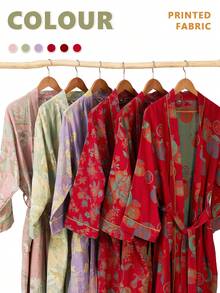 Women Solid Color Soft Bathrobe With Belt & Pockets, Long Sleeve Comfortable Loungewear Sleepwear Casual Soft Home Wear  Belted    Embroidery    Long Sleeve    Long    Bathrobe   Sleepwear  Loungewear  Nightgown - 淡紫色 - 查看 5