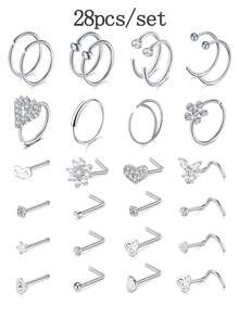 Aquaera 20g Assortiment d'anneaux de nez en forme de cœur, vis de nez en acier inoxydable avec cubic zirconia cubique en forme de L, options de 8 à 28 pièces, convient pour les cadeaux de perçage, la Saint-Valentin, les cadeaux pour amis - De nombreux styles - Voir 10
