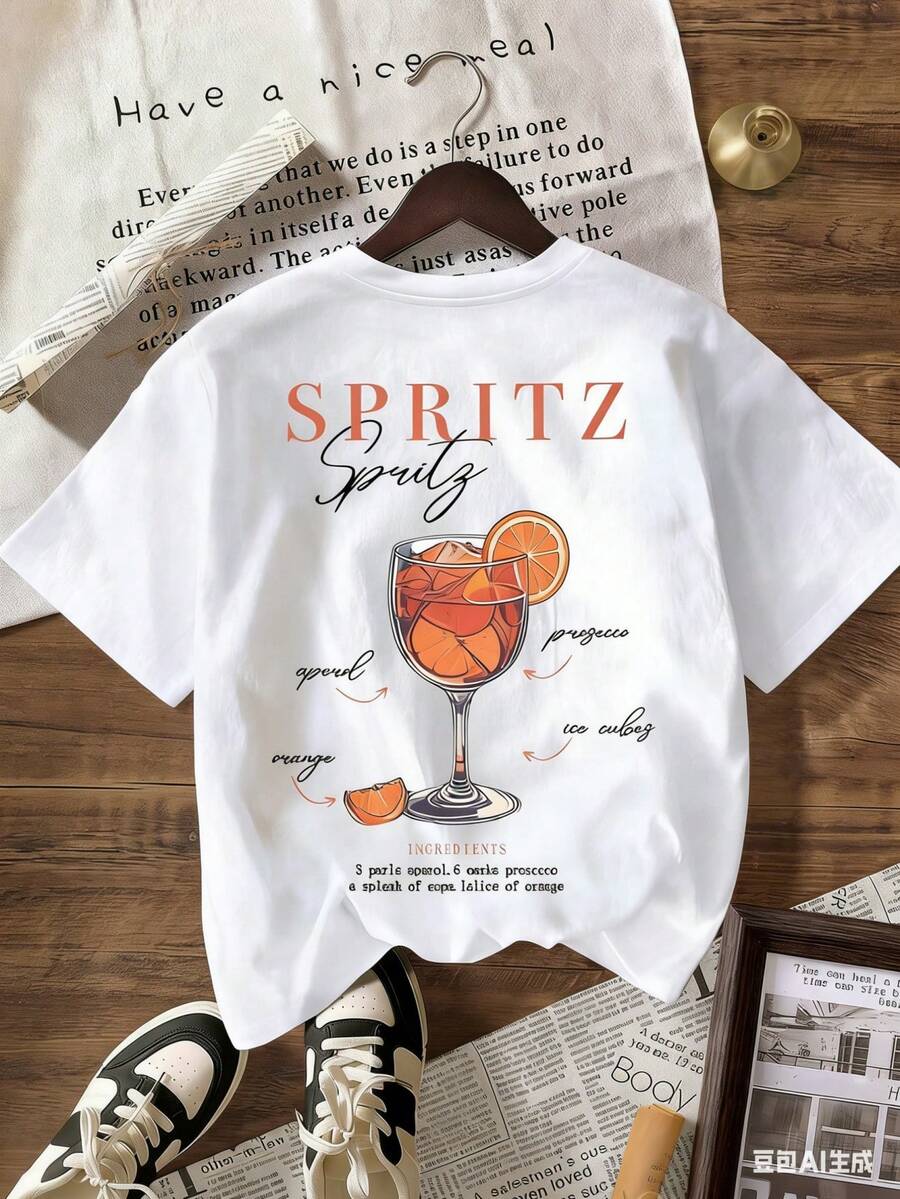 Camiseta con ilustración de receta de cóctel Spritz, estilo vintage, camiseta estampada holgada y adelgazante para mujer, top versátil de manga corta con cuello redondo, agradable al tacto y transpirable, adecuada para el uso diario y casual. - Blanco - Ver 1