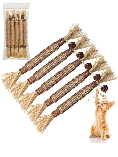 5Pcs Natural Silvervine Cat Molar Chew Sticks 22cm/8.67in, Crafted From 100% Edible Matatabi, Durable Hemp Rope & Raffia, Teeth-Cleaning Chew Toys For Cats, Effectively Remove Plaque & Tartar, Relieve Kitten Teething Discomfort, Anxiety & Boredom, Suitable For Indoor Kittens & Adult Cats Daily Play & Dental Care, Perfect Pet Gift For Cat Lovers, Cat Owners On Birthday, Holiday & Daily Surprise
