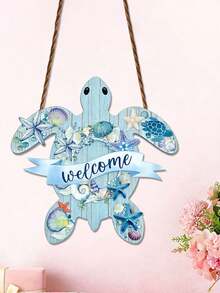 1 pièce Panneau en bois imprimé 2D plat, pour décoration murale extérieure, taille 9 pouces x 9 pouces. Il présente un design de tortue de mer avec le texte "Bienvenue" - Multicolore - Voir 3