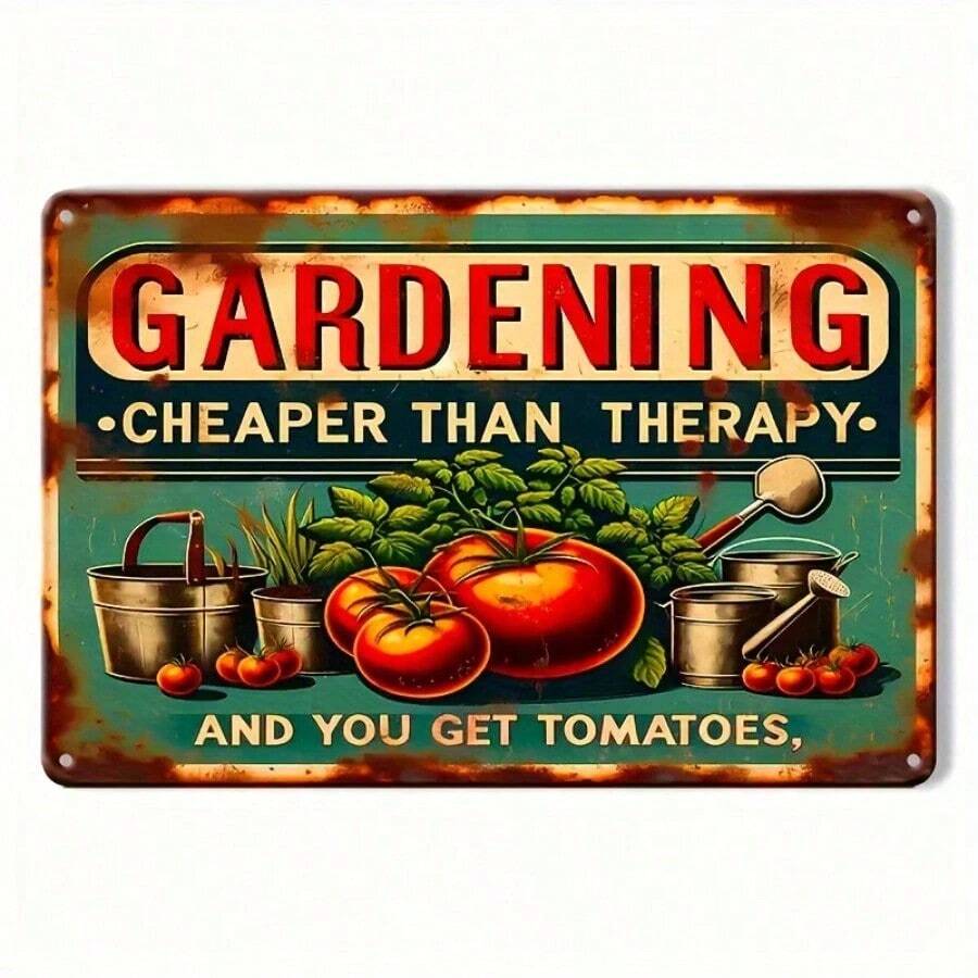 Vintage Metal Gardening Sign - Cheaper Than Therapy Quote With Tomato Graphics - Wall Mountable Decorative Plaque For Home & Garden - Weatherproof, Pre-Drilled, Multiuse Indoor/Outdoor Wall Art,Wall Decor,Room Decor,Bathroom Deccor,Home Decor,Wall Art,Metal Sign, Tin Sign, Vintage Decor, Retro Wall Art, Wall Decor, Rustic Home Decor, Farmhouse Decor, Garage Decor,Bar Decor, Industrial Decor, Distressed Finish, Wall Plaque, Home Wall Sign, Wall Hanging, Art Print, Classic Decor, Shop Decor, Room Decor - 彩色 - 查看 1