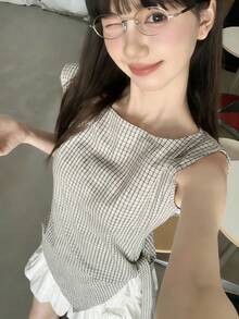 Áo gile kẻ caro cho nữ, kiểu dáng mùa hè, áo crop top phong cách retro thắt eo. - Màu be - Xem 3