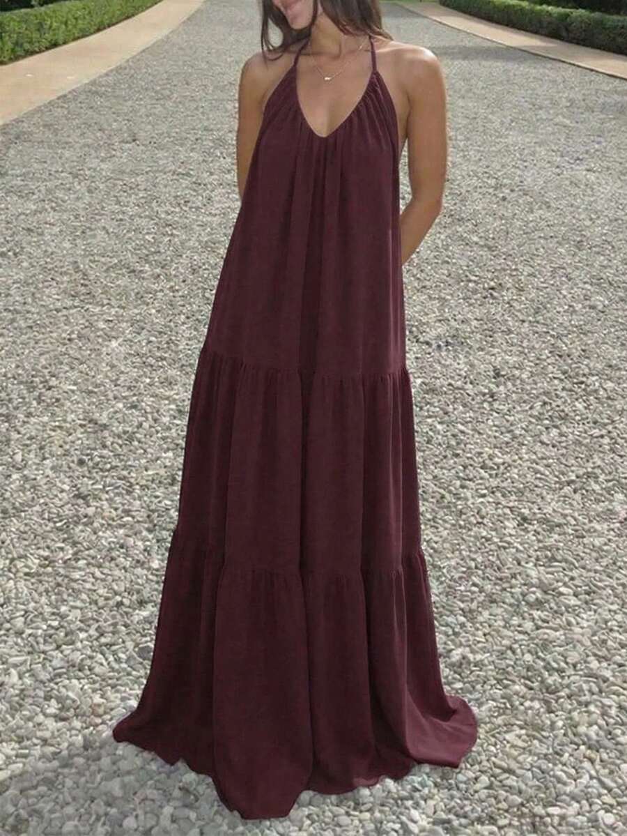 Women's Spring-Summer New Arrival Crew Neck Sleeveless Blouse: Metallic Shiny Fabric With Ruffle Detail For Daily & Date Wear - Burgundy - View 1