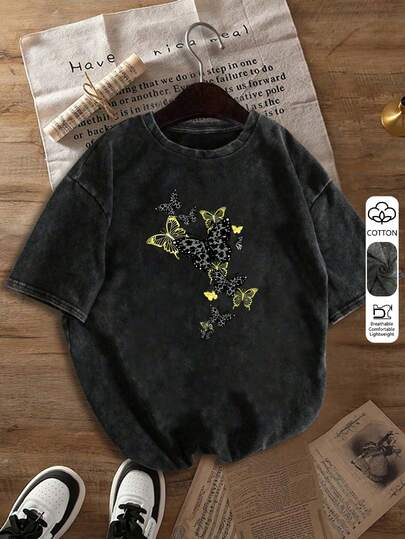 Camiseta con estampado de mariposa elegante - Parte superior de punto lavada de manga corta, cuello redondo, con aspecto de regalo, cómoda, transpirable y suave, perfecta para primavera y verano. Parte superior de algodón suave, talla grande.