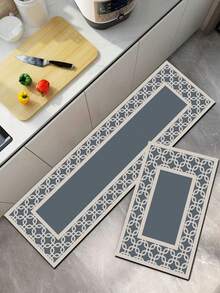 1 件灰蓝色硅胶厨房垫，带连续几何米色边框，简约新中式风格，适用于厨房、浴室、玄关、洗衣房、卧室、客厅装饰 - 彩色 - 查看 2