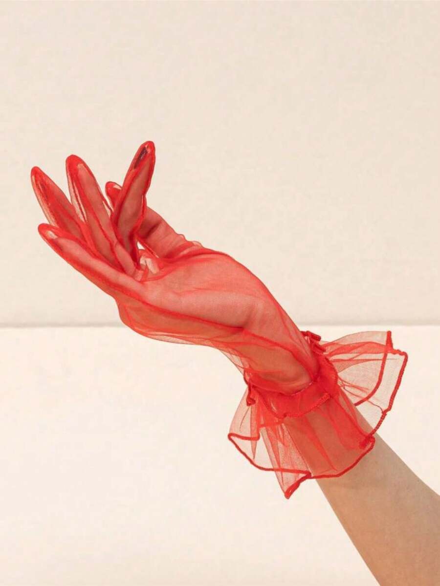 1 Pair Red Mesh Floral Cuff Fingerless Gloves For Women, Solid Color Bridal Gloves Suitable For Weddings, Parties And Other Occasions - Red - View 1