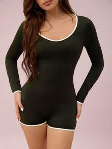 2026 Spring/Summer Deep V-Neck Contrast Trim Fitted Romper, High-Stretch Skin-Friendly Breathable Knit Fabric, Fine Lockstitch Craftsmanship, Sexy Slim-Fit Jumpsuit, Suitable For Valentine's Day Dates, Party Outfits - Black - View 6