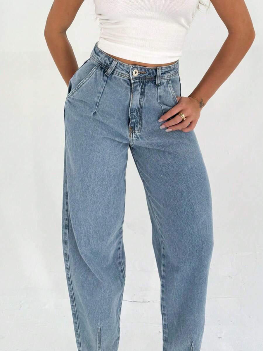 Saina Office 8208 Plus Size Women's Straight Mom Jeans Without Rips - 中等水洗藍 - 查看 1