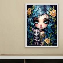 1 pièce Peinture de diamant DIY 2D Fille aux cheveux bleus avec chat, personnage de dessin animé animal floral avec forage complet, parfait pour les cadeaux de vacances - Voir 2