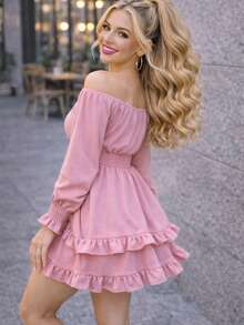 SHORT DRESS WITH LONG SLEEVES AND SPRING, COUNTRY STYLE, DOUBLE Ruffle, CEY FABRIC. MOD. ELSIE - Pink - View 6