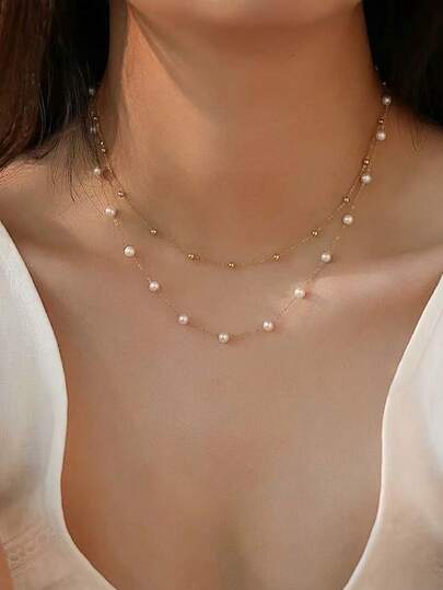 1 pieza Collar de cadena de bolas de perlas de doble capa chapado en oro de 18K, acero inoxidable, elegante y versátil, adecuado para regalos, bodas, compromisos