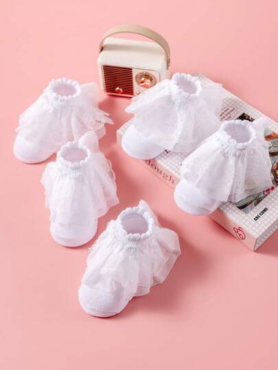 1/5双装春夏女童/儿童白色公主袜，甜美时尚，精致舒适，荷叶边装饰，可爱柔软亲肤，用途广泛，适合学校、舞蹈表演、婚礼、返校等场合。