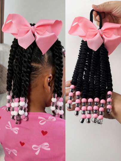 1pc Fashionable African Dreadlocks Curly Wigs Girls' Synthetic Wigs With Bow Hair Accessories, End With Beads For Kids